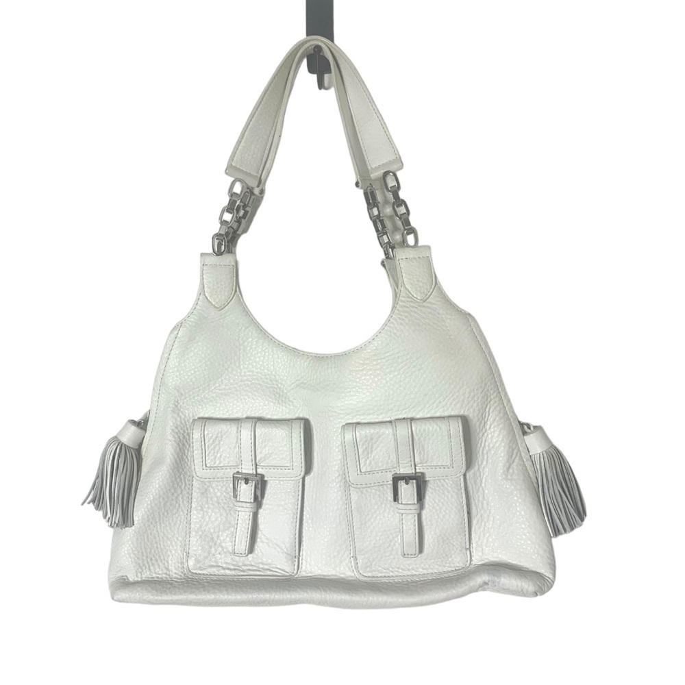 White Genuine Leather Brooks Brothers Tassel Zipper Gusset Handbag